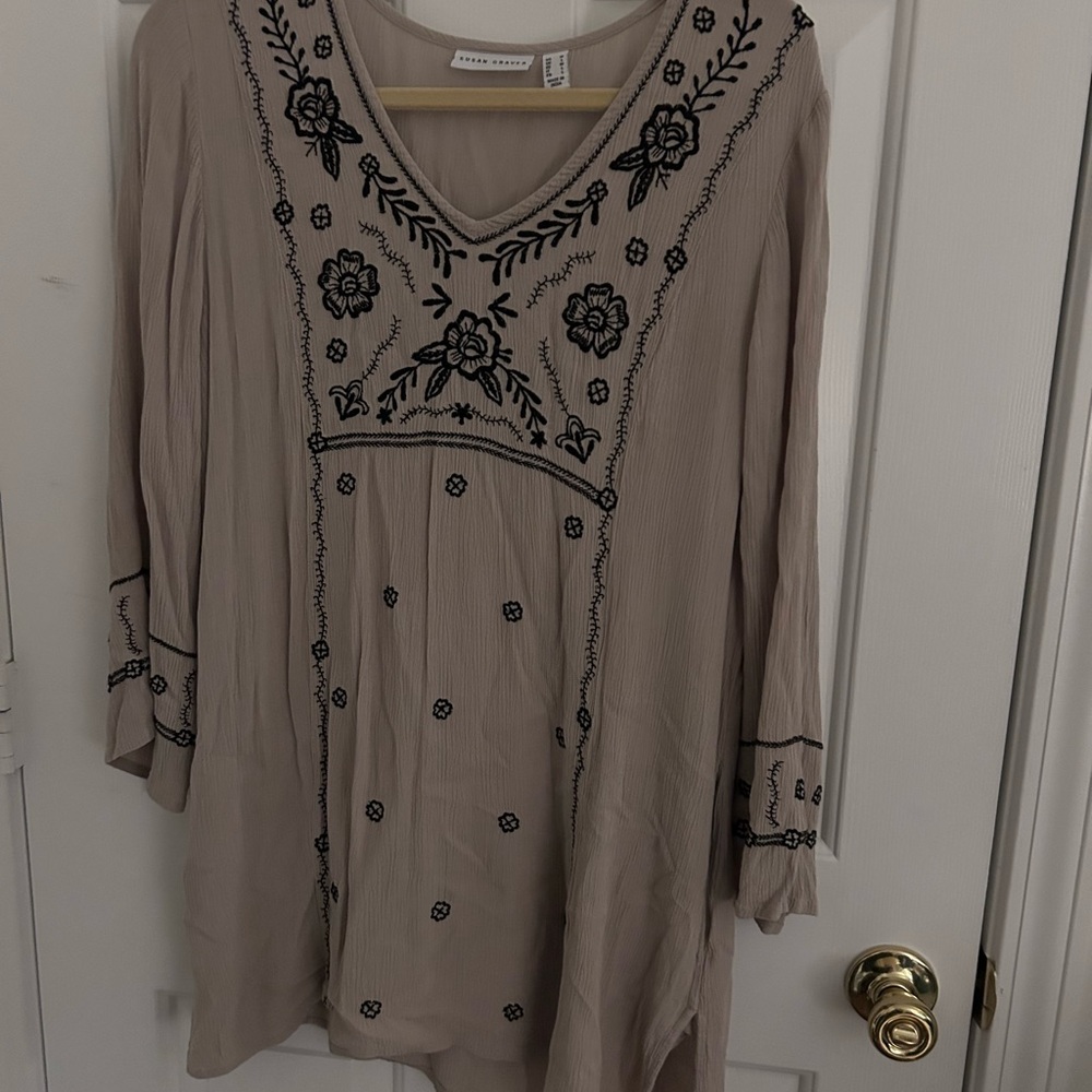Susan Graver Taupe Tunic with Black Floral Embroidery